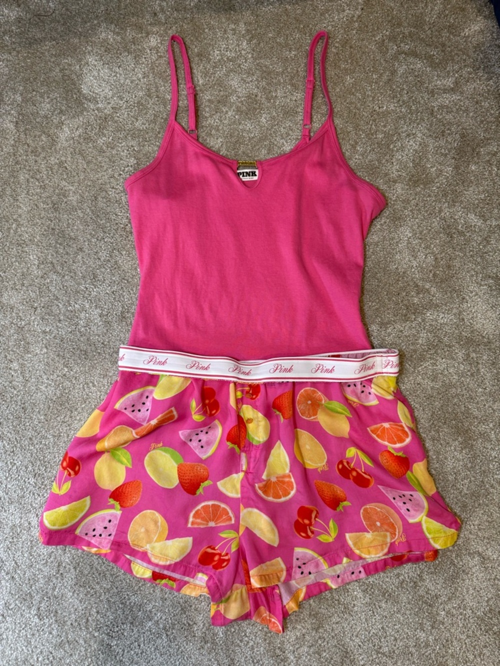 Victoria’s Secret PINK Fruit Print Pajama Set Medium Cami & Boxer Shorts Pink